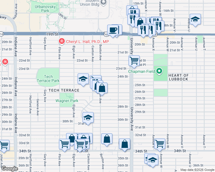 map of restaurants, bars, coffee shops, grocery stores, and more near 2617 25th Street in Lubbock