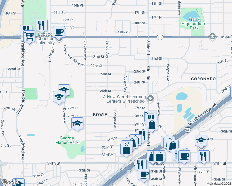 map of restaurants, bars, coffee shops, grocery stores, and more near 5309 25th Street in Lubbock