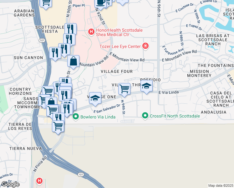 map of restaurants, bars, coffee shops, grocery stores, and more near 9450 North 94th Place in Scottsdale