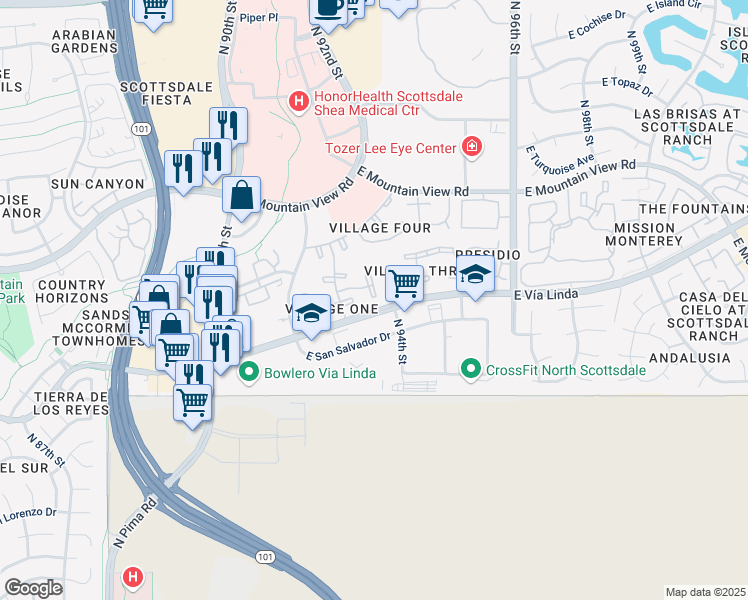 map of restaurants, bars, coffee shops, grocery stores, and more near 9345 North 92nd Street in Scottsdale
