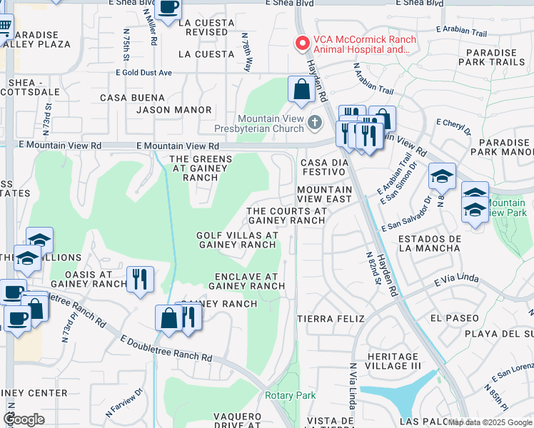 map of restaurants, bars, coffee shops, grocery stores, and more near 7720 East Gainey Ranch Road in Scottsdale