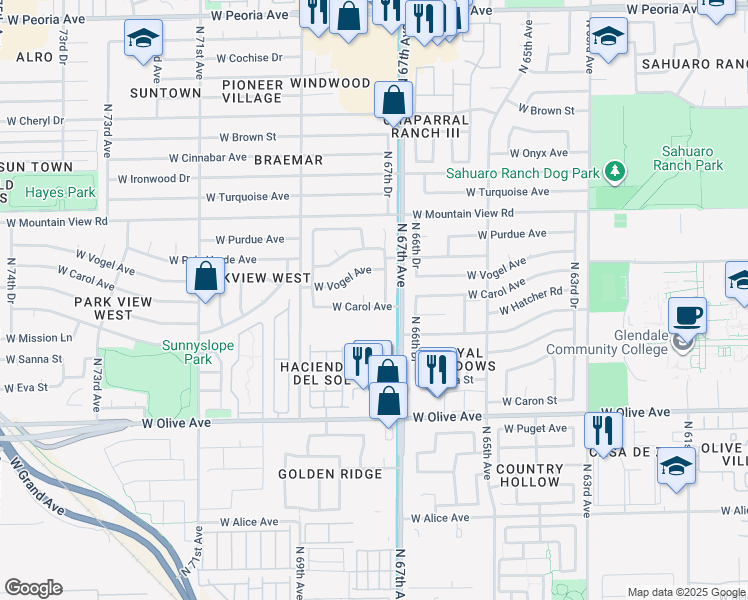 map of restaurants, bars, coffee shops, grocery stores, and more near 9502 North 67th Lane in Peoria
