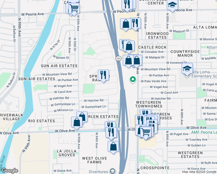 map of restaurants, bars, coffee shops, grocery stores, and more near 9313 West Vogel Avenue in Peoria