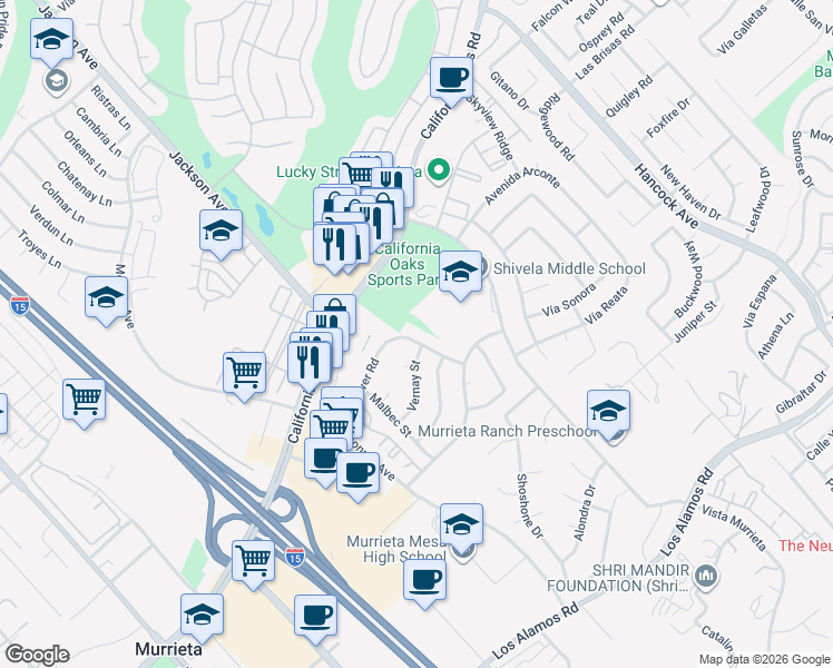 map of restaurants, bars, coffee shops, grocery stores, and more near 40613 Sunflower Road in Murrieta