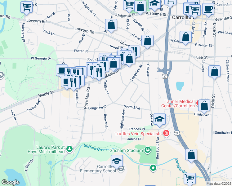 map of restaurants, bars, coffee shops, grocery stores, and more near 627 Longview Street in Carrollton