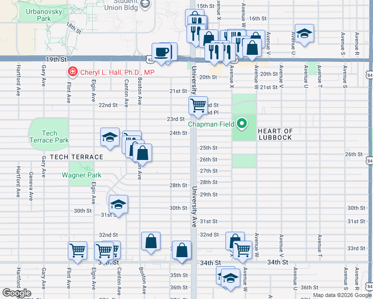 map of restaurants, bars, coffee shops, grocery stores, and more near 2505 25th Street in Lubbock