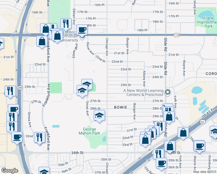 map of restaurants, bars, coffee shops, grocery stores, and more near 5427 25th Street in Lubbock