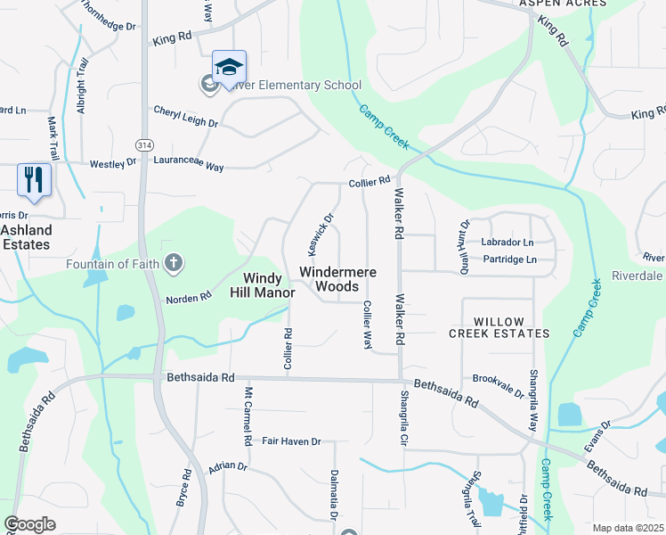 map of restaurants, bars, coffee shops, grocery stores, and more near 6723 Amesbury Lane in Riverdale