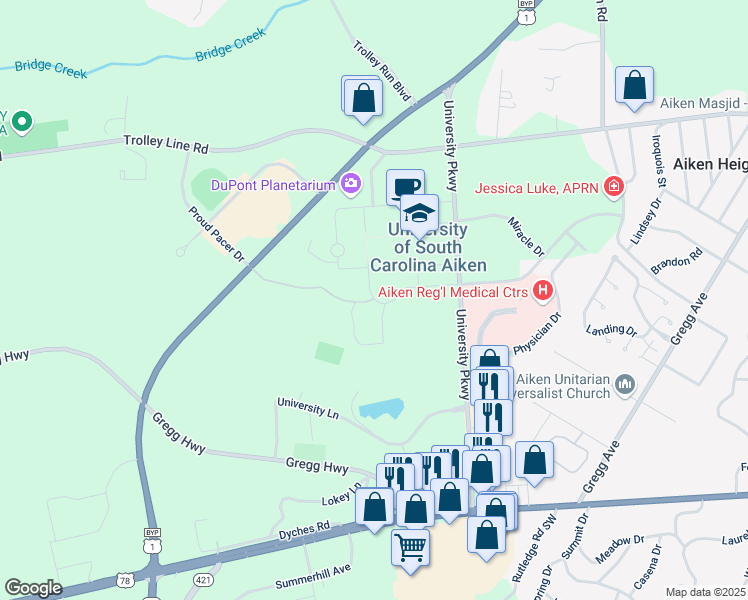 map of restaurants, bars, coffee shops, grocery stores, and more near 199 Pacer Downs in Aiken