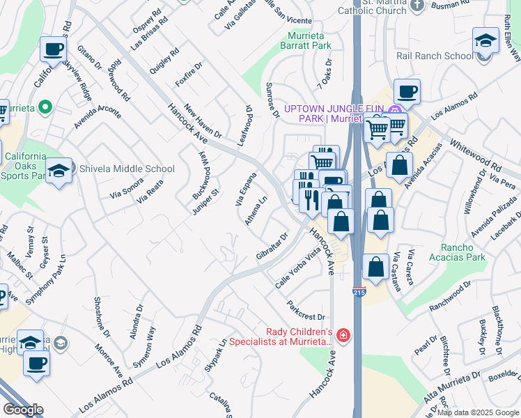 map of restaurants, bars, coffee shops, grocery stores, and more near 40012 Athena Lane in Murrieta