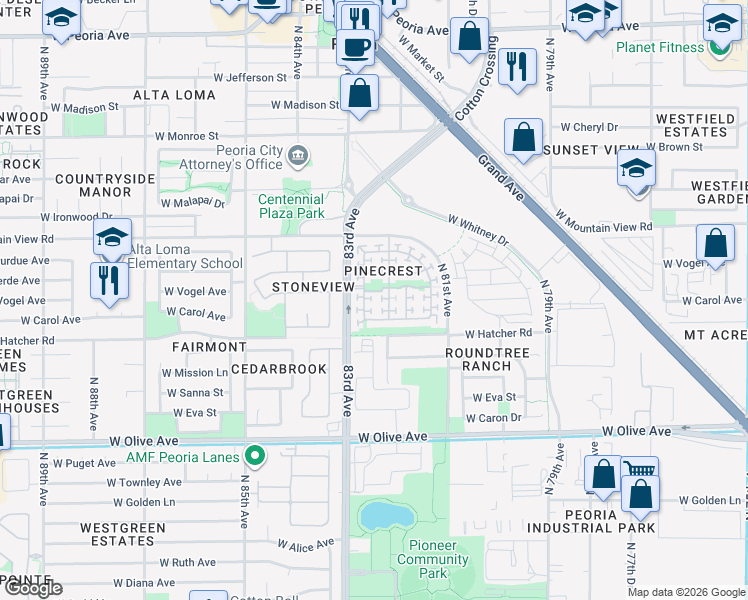 map of restaurants, bars, coffee shops, grocery stores, and more near 9565 North 82nd Glen in Peoria