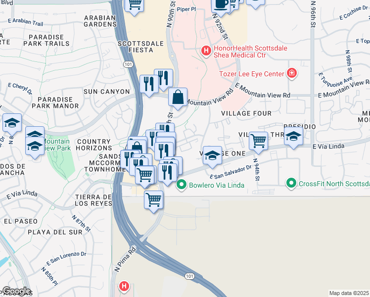 map of restaurants, bars, coffee shops, grocery stores, and more near 9001 East San Victor Drive in Scottsdale