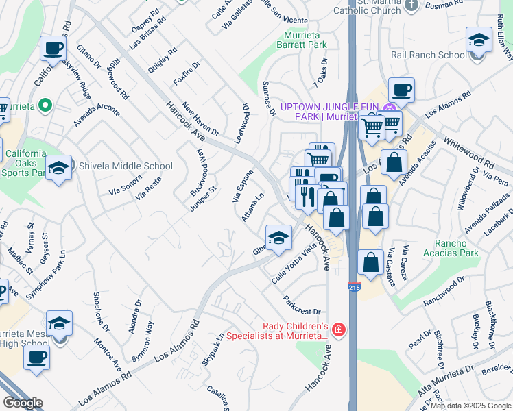 map of restaurants, bars, coffee shops, grocery stores, and more near 40012 Athena Lane in Murrieta