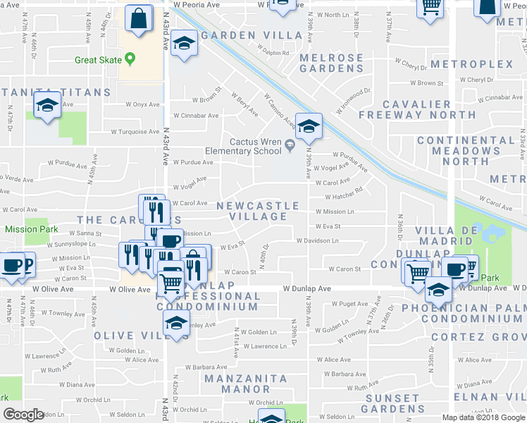 map of restaurants, bars, coffee shops, grocery stores, and more near 9240 North 40th Drive in Phoenix