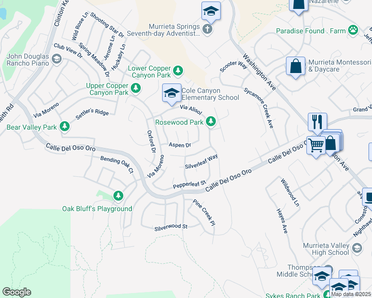 map of restaurants, bars, coffee shops, grocery stores, and more near 23781 Aspen Drive in Murrieta