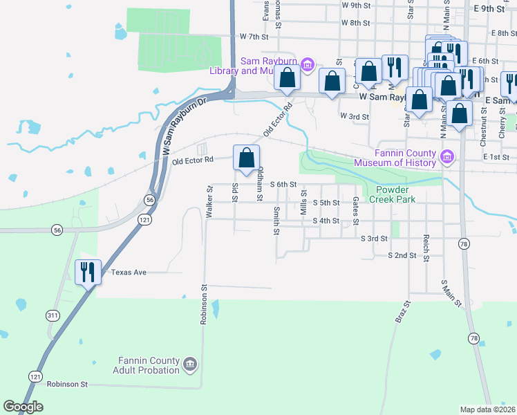 map of restaurants, bars, coffee shops, grocery stores, and more near 1115 South 5th Street in Bonham