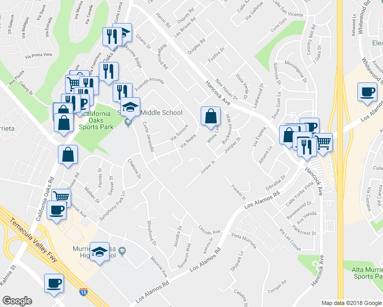 map of restaurants, bars, coffee shops, grocery stores, and more near 40303 Berlie Street in Murrieta