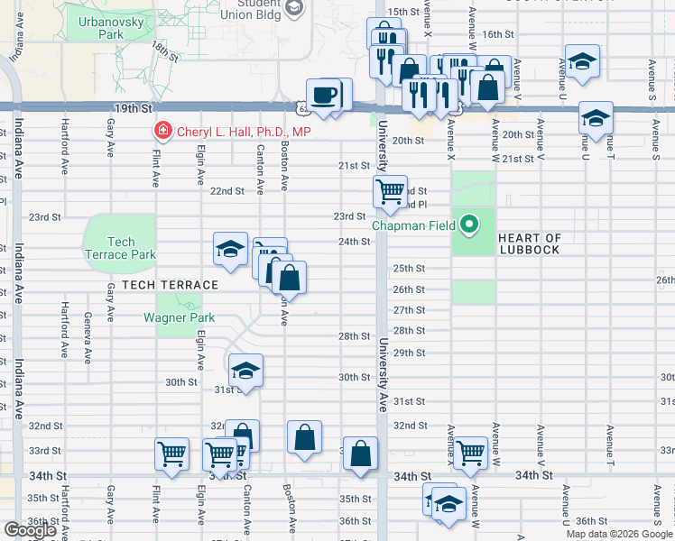 map of restaurants, bars, coffee shops, grocery stores, and more near 2521 25th Street in Lubbock