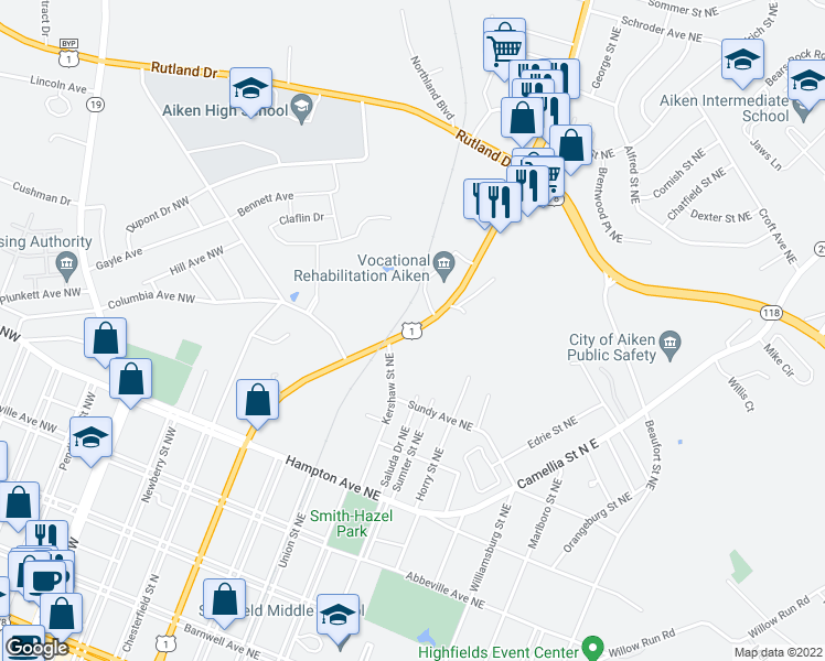 map of restaurants, bars, coffee shops, grocery stores, and more near 847 Route 1 in Aiken