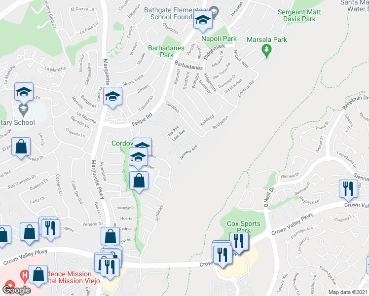 map of restaurants, bars, coffee shops, grocery stores, and more near 26931 Begonia Place in Mission Viejo