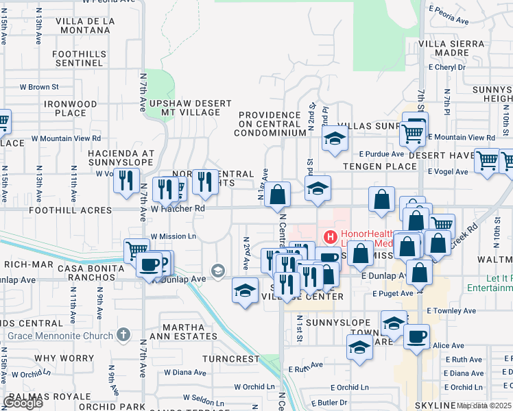 map of restaurants, bars, coffee shops, grocery stores, and more near 9400 North 1st Avenue in Phoenix