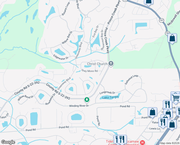 map of restaurants, bars, coffee shops, grocery stores, and more near 38 Grey Moss Road in Murrells Inlet