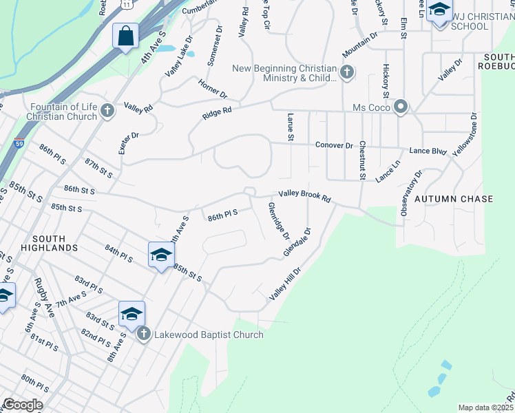 map of restaurants, bars, coffee shops, grocery stores, and more near 881 Glenvalley Dr in Birmingham