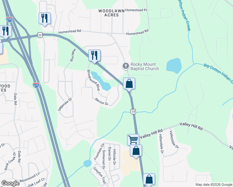 map of restaurants, bars, coffee shops, grocery stores, and more near 6696 Sunset Hills Boulevard in Rex