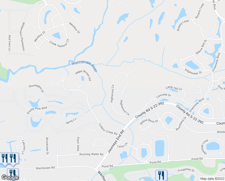 map of restaurants, bars, coffee shops, grocery stores, and more near 66 Highwood Circle in Murrells Inlet