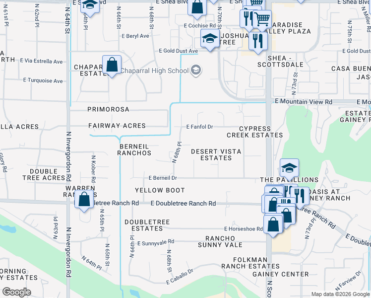 map of restaurants, bars, coffee shops, grocery stores, and more near 6867 East Bar Z Lane in Paradise Valley
