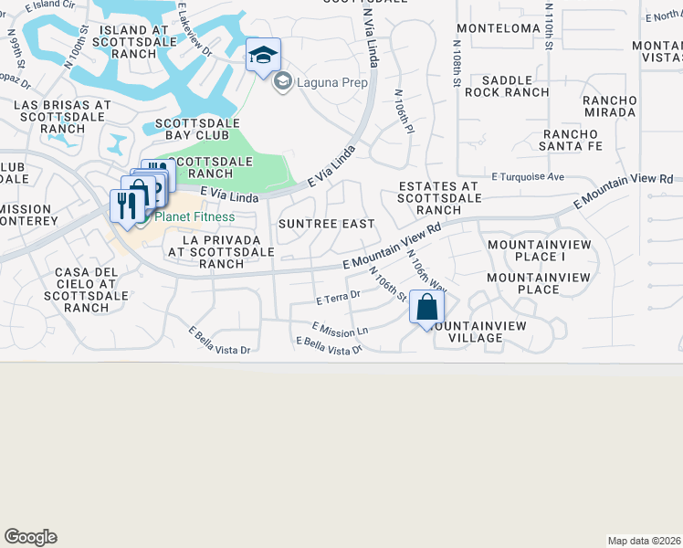 map of restaurants, bars, coffee shops, grocery stores, and more near 9360 North 105th Place in Scottsdale