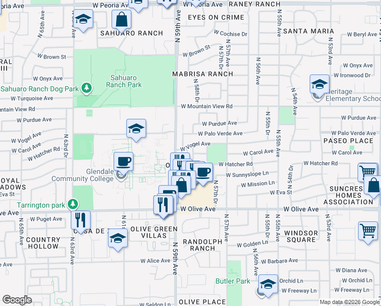 map of restaurants, bars, coffee shops, grocery stores, and more near 9420 North 58th Drive in Glendale