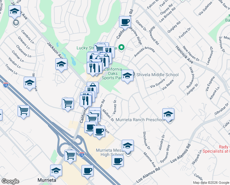 map of restaurants, bars, coffee shops, grocery stores, and more near 40613 Sunflower Road in Murrieta