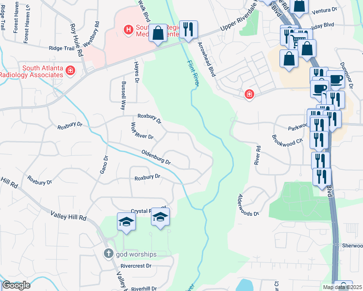map of restaurants, bars, coffee shops, grocery stores, and more near 6673 Delicious Court in Riverdale