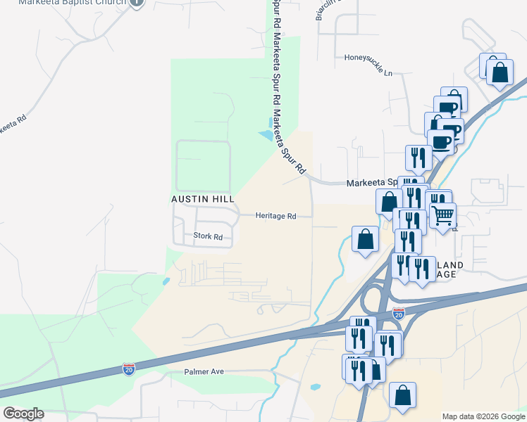 map of restaurants, bars, coffee shops, grocery stores, and more near 1911 Heritage Road in Moody