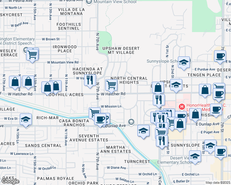 map of restaurants, bars, coffee shops, grocery stores, and more near 402 West Hatcher Road in Phoenix