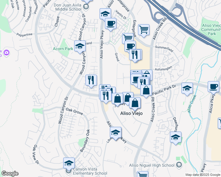 map of restaurants, bars, coffee shops, grocery stores, and more near 92656 Aliso Viejo Parkway in Aliso Viejo