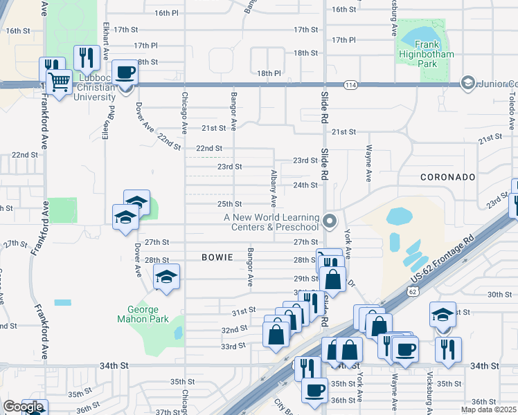 map of restaurants, bars, coffee shops, grocery stores, and more near 5309 25th Street in Lubbock