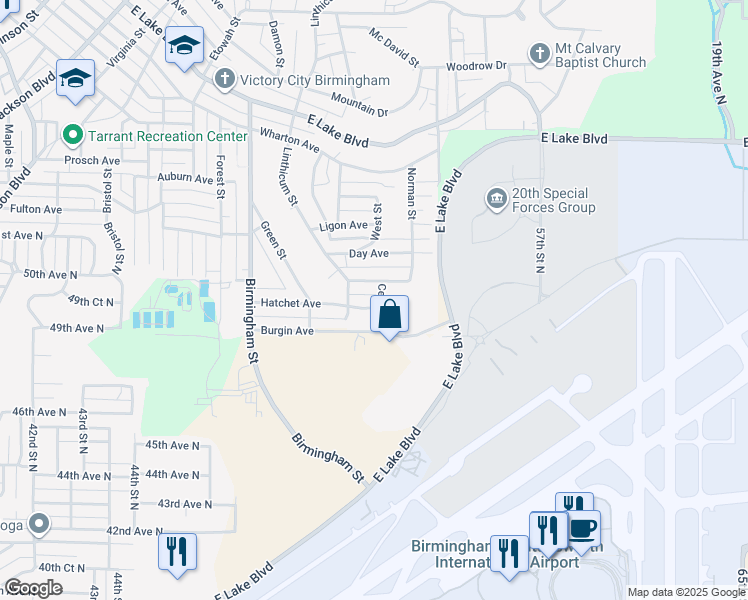map of restaurants, bars, coffee shops, grocery stores, and more near 1824 Hatchet Avenue in Birmingham