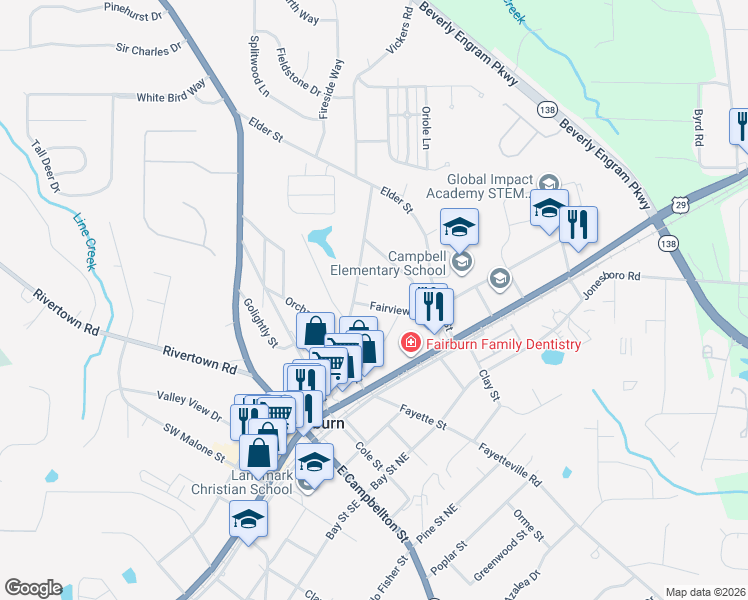 map of restaurants, bars, coffee shops, grocery stores, and more near 147 Strickland Street in Fairburn