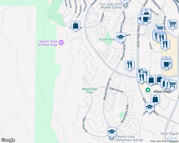 map of restaurants, bars, coffee shops, grocery stores, and more near 40 Oak View Drive in Aliso Viejo