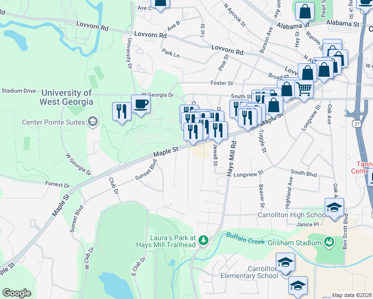 map of restaurants, bars, coffee shops, grocery stores, and more near 1304 Maple Street in Carrollton