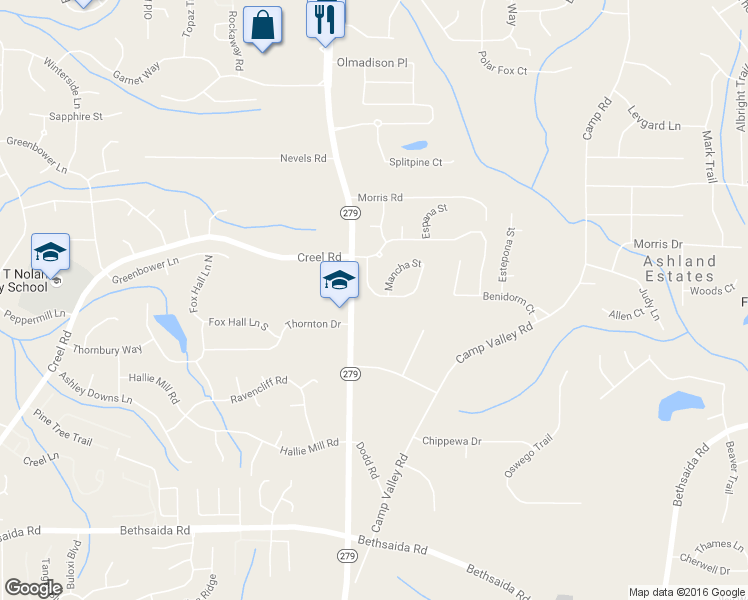 map of restaurants, bars, coffee shops, grocery stores, and more near 6699 Mancha Street in Atlanta