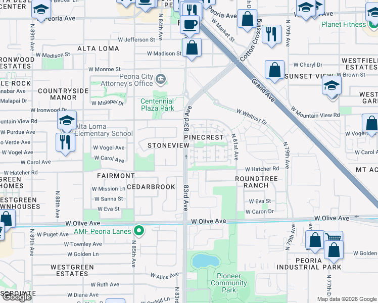 map of restaurants, bars, coffee shops, grocery stores, and more near 9574 North 82nd Glen in Peoria