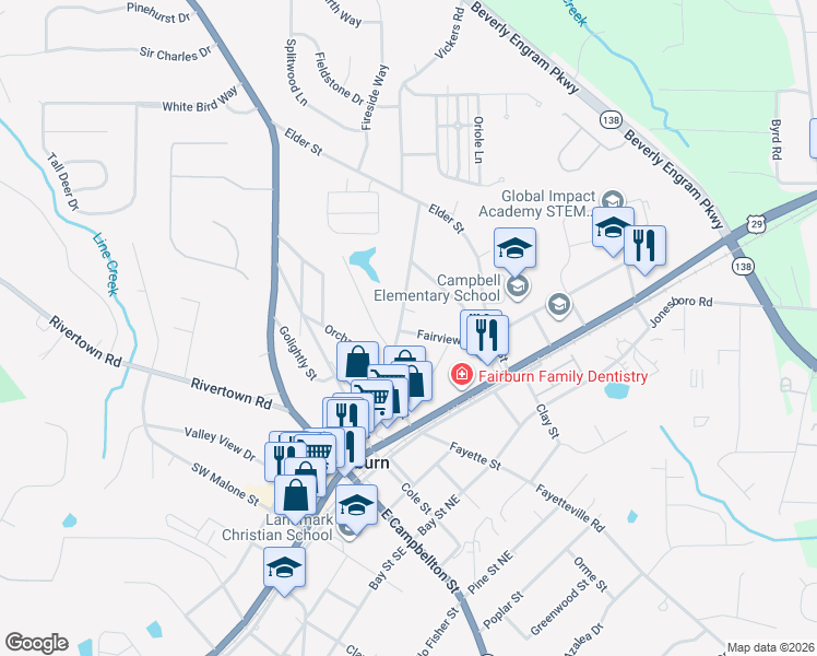 map of restaurants, bars, coffee shops, grocery stores, and more near 147 Strickland Street in Fairburn