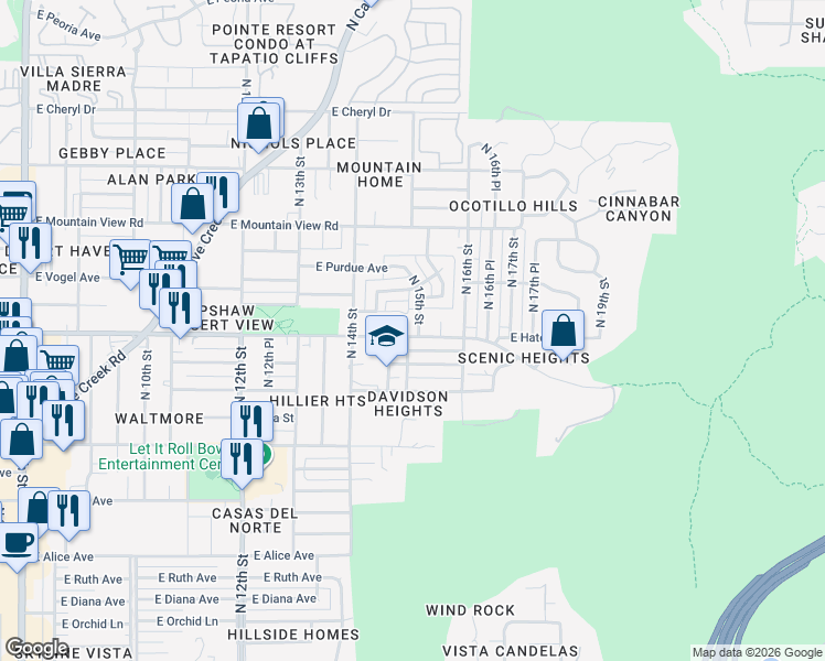 map of restaurants, bars, coffee shops, grocery stores, and more near 9402 North 15th Street in Phoenix