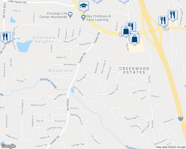 map of restaurants, bars, coffee shops, grocery stores, and more near 6707 Bedford Road in Rex