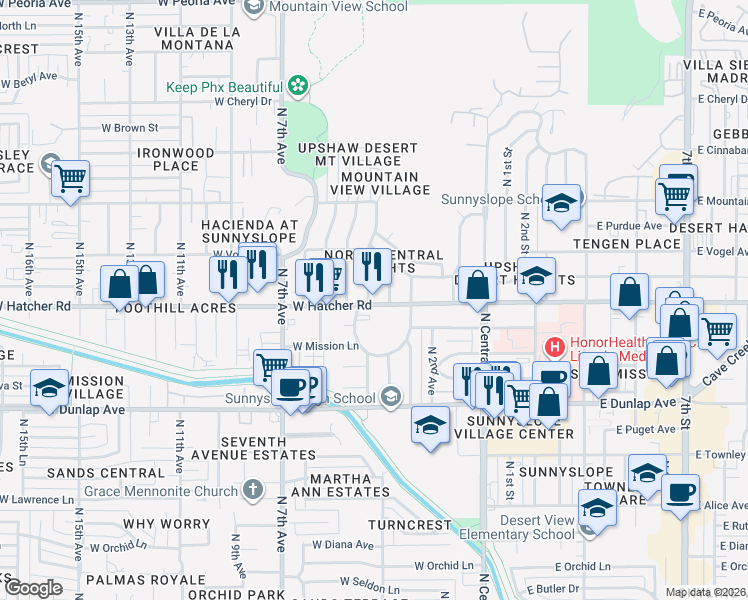 map of restaurants, bars, coffee shops, grocery stores, and more near 328 West Hatcher Road in Phoenix