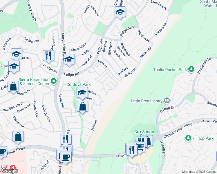 map of restaurants, bars, coffee shops, grocery stores, and more near 26929 Begonia Place in Mission Viejo