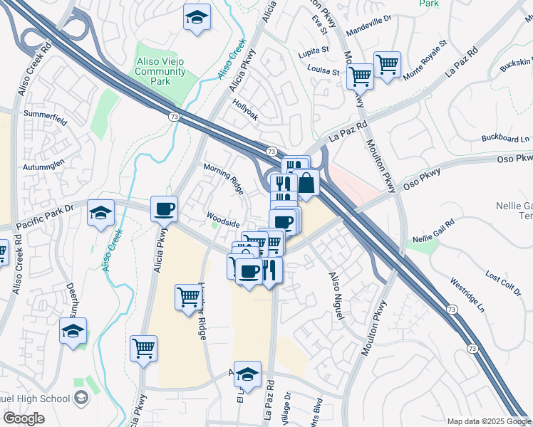 map of restaurants, bars, coffee shops, grocery stores, and more near 132 Birchwood Lane in Laguna Hills